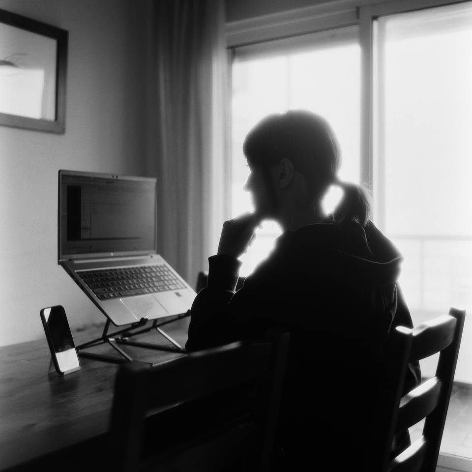 A woman sits pensively in front of a computer, light forming a halo around her head